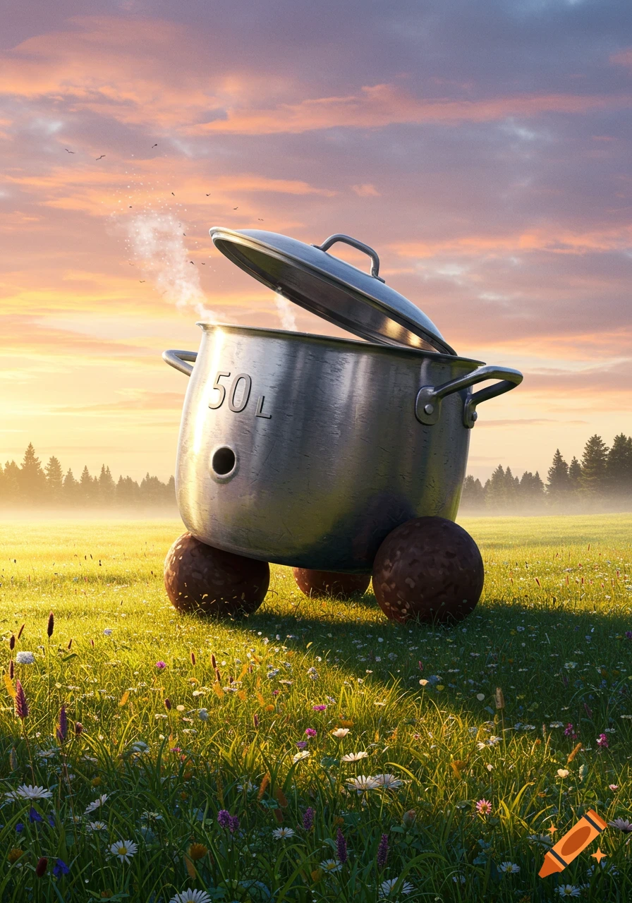 A large, steaming 50-liter metallic cooking pot on wheels sits in a vibrant green field with wildflowers under a dramatic sunset sky.