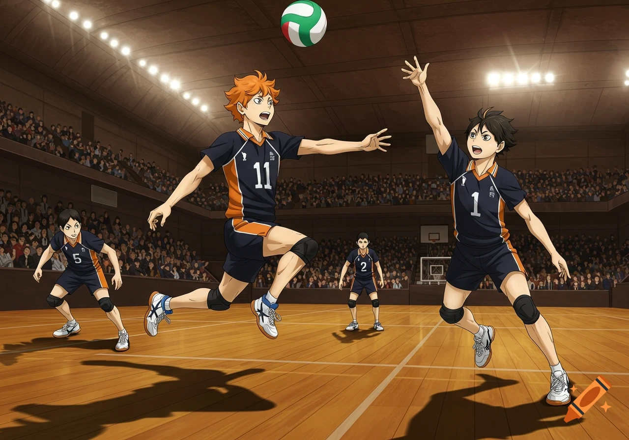 Anime characters from Haikyuu playing volleyball on an indoor court, with one player jumping to hit the ball.
