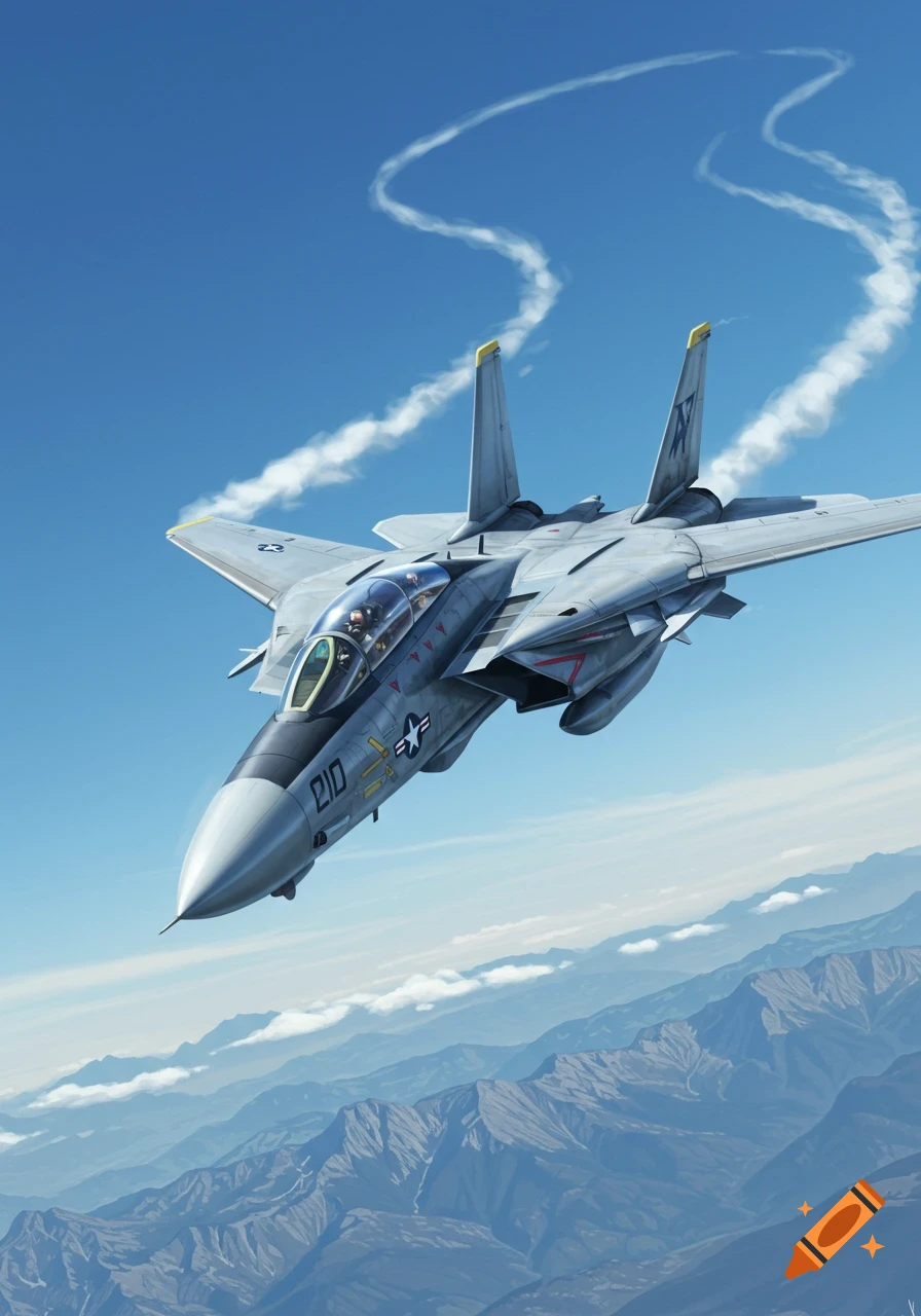 A detailed illustration of an F-14 Tomcat fighter jet flying over mountains with contrails in a clear blue sky.