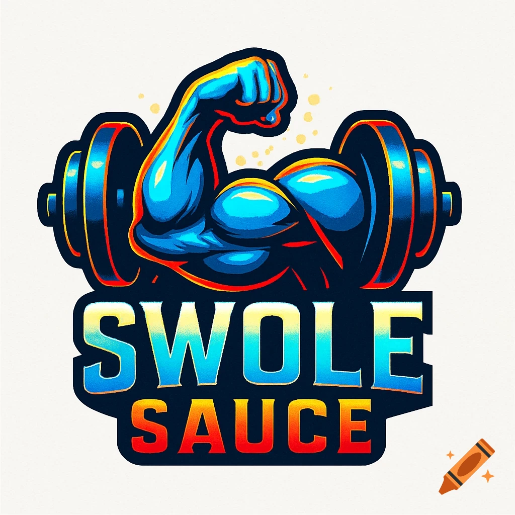 A stylized logo featuring a muscular bicep flexing over a dumbbell, with the words "SWOLE SAUCE" below in bold, colorful letters.