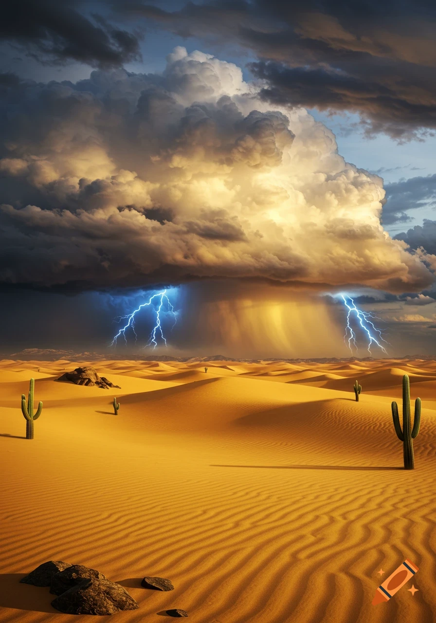 Photorealistic desert landscape under a dramatic storm with dark clouds, rain, and bright lightning strikes over sand dunes and cacti.