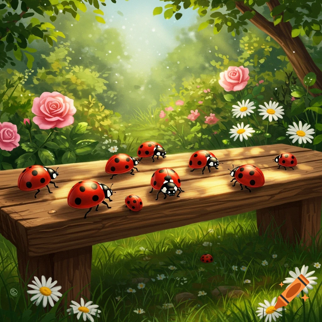 Cute ladybugs on a wooden bench in a lush, green garden with pink roses and white daisies, illustration.