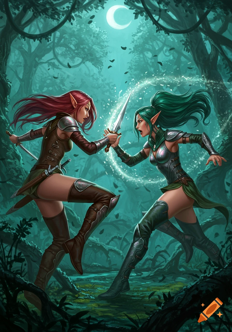 Two elf women with red and green hair duel with glowing swords in a dark, magical forest, fantasy art.
