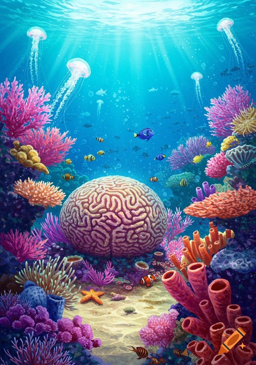Vibrant illustration of an underwater coral reef with colorful fish, jellyfish, and diverse corals under sunlit blue water.