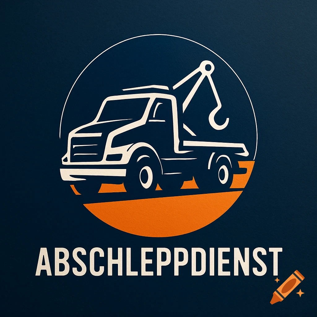 A minimalist logo with a white outline of a tow truck in a dark blue circle, an orange base, and 'ABSCHLEPPDIENST' text.