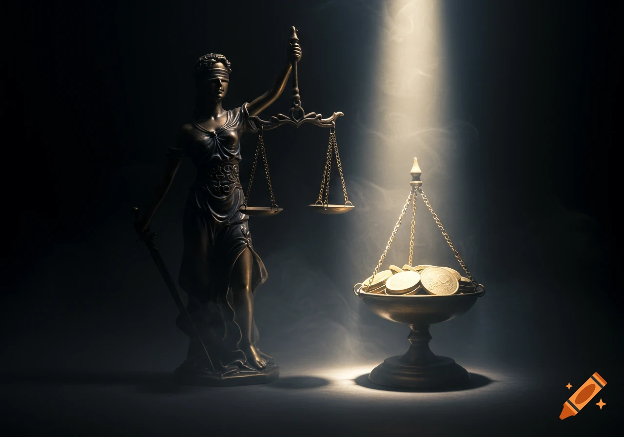 A photorealistic image of a blindfolded Lady Justice statue holding scales, with one pan overflowing with golden Euro coins, dramatically lit.