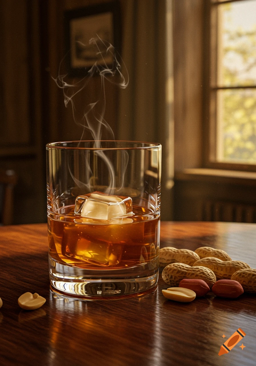 A glass of whisky with ice and smoke rising, next to peanuts on a wooden table, with a window in the background.