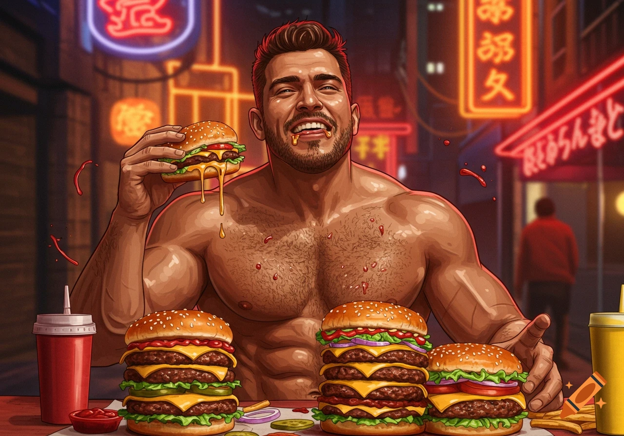 A muscular, shirtless man with a hairy chest smiling and eating a burger at a table laden with several burgers, with neon signs in the background.