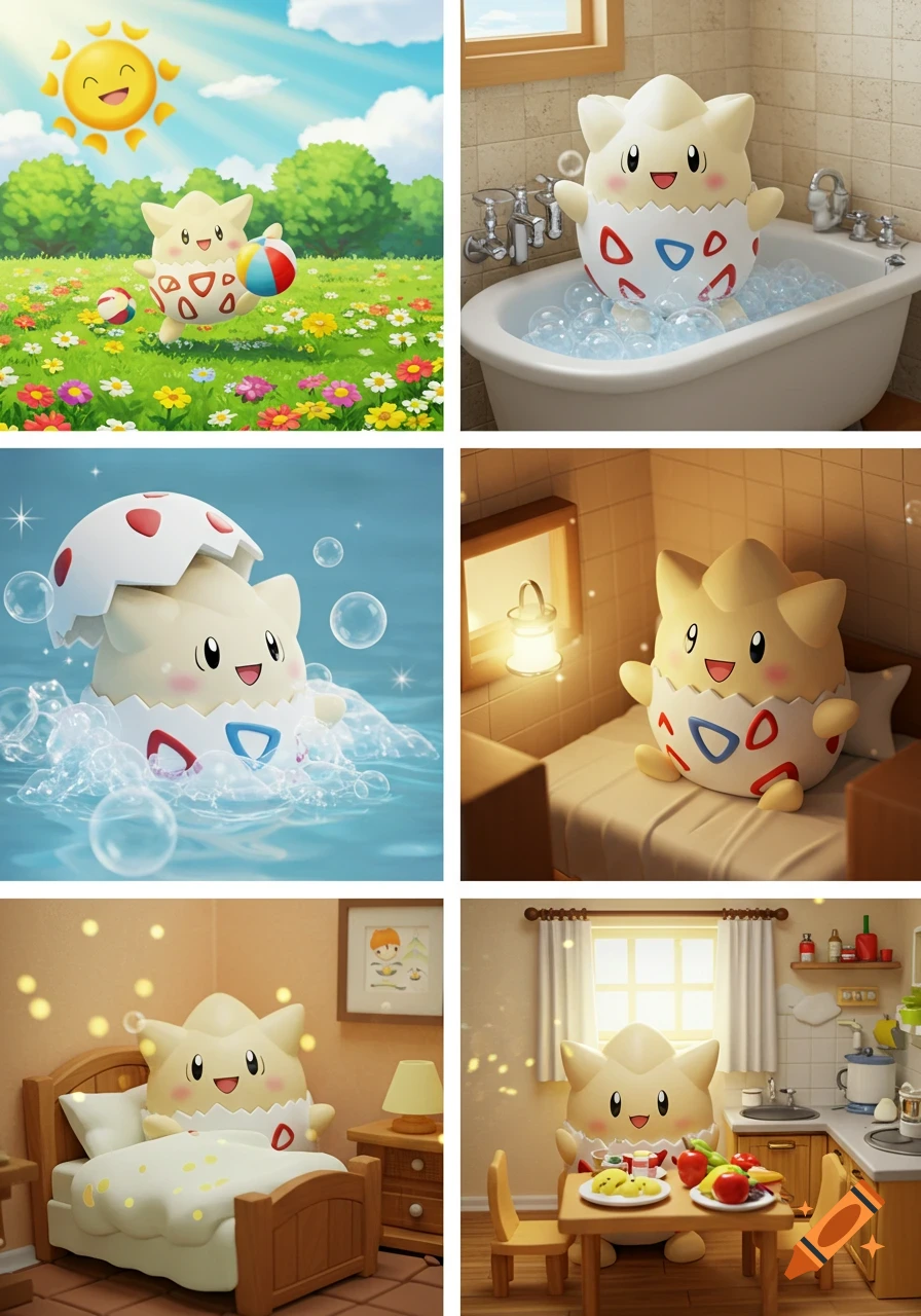 Six panels showing Togepi in a family-friendly 3D style: playing in a sunny garden, bathing in a tub, splashing in water, resting in bed, and eating at a kitchen table.