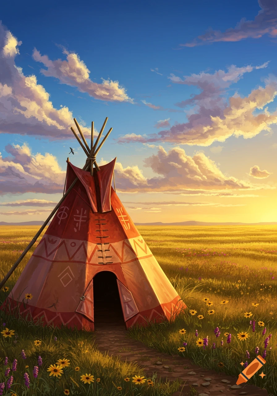 A teepee with decorative patterns stands in a vast field of wildflowers under a vibrant sunset sky.