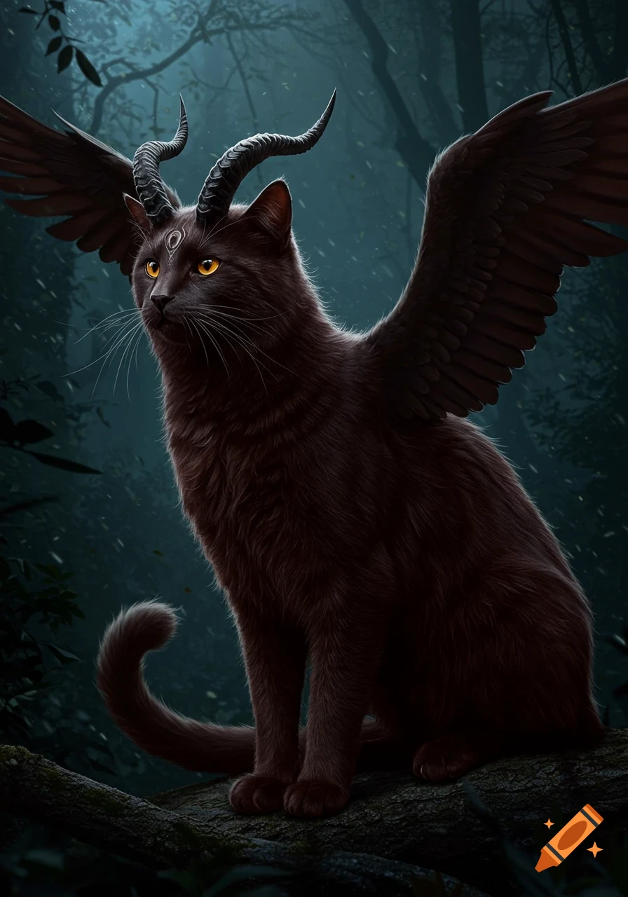 A dark brown cat with glossy black horns and leathery black wings, with yellow eyes, sits on a tree branch in a dark forest.