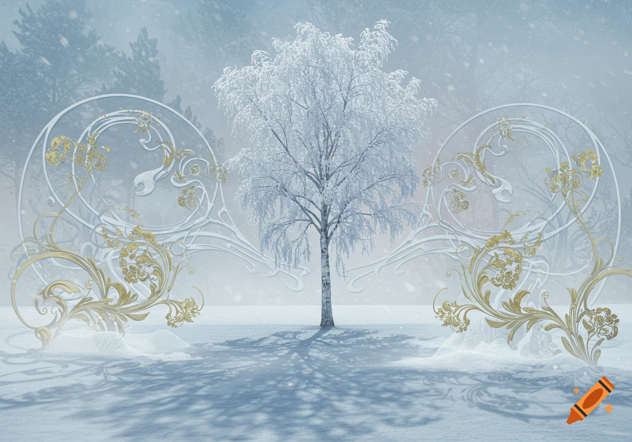 A snow-covered birch tree stands in a winter landscape with elegant white and gold Art Nouveau frosty scrollwork on either side, under falling snow.
