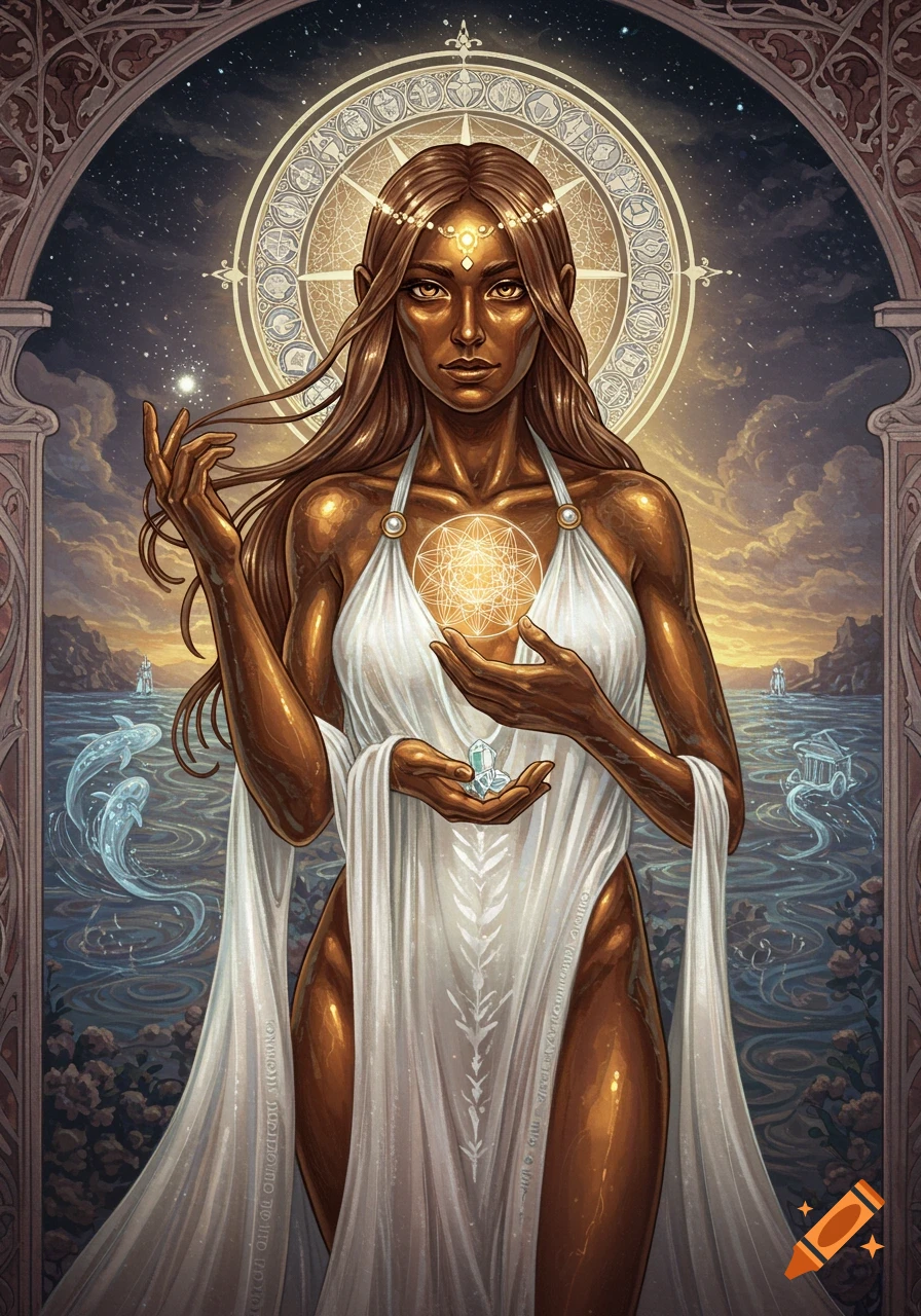 A stylized woman with bronze skin and white robe, holding glowing geometric symbols, against a starry sky and tranquil sea.
