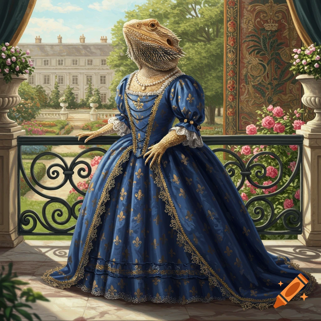 A bearded dragon in a blue royal French dress with gold patterns stands on a palace balcony overlooking a garden.