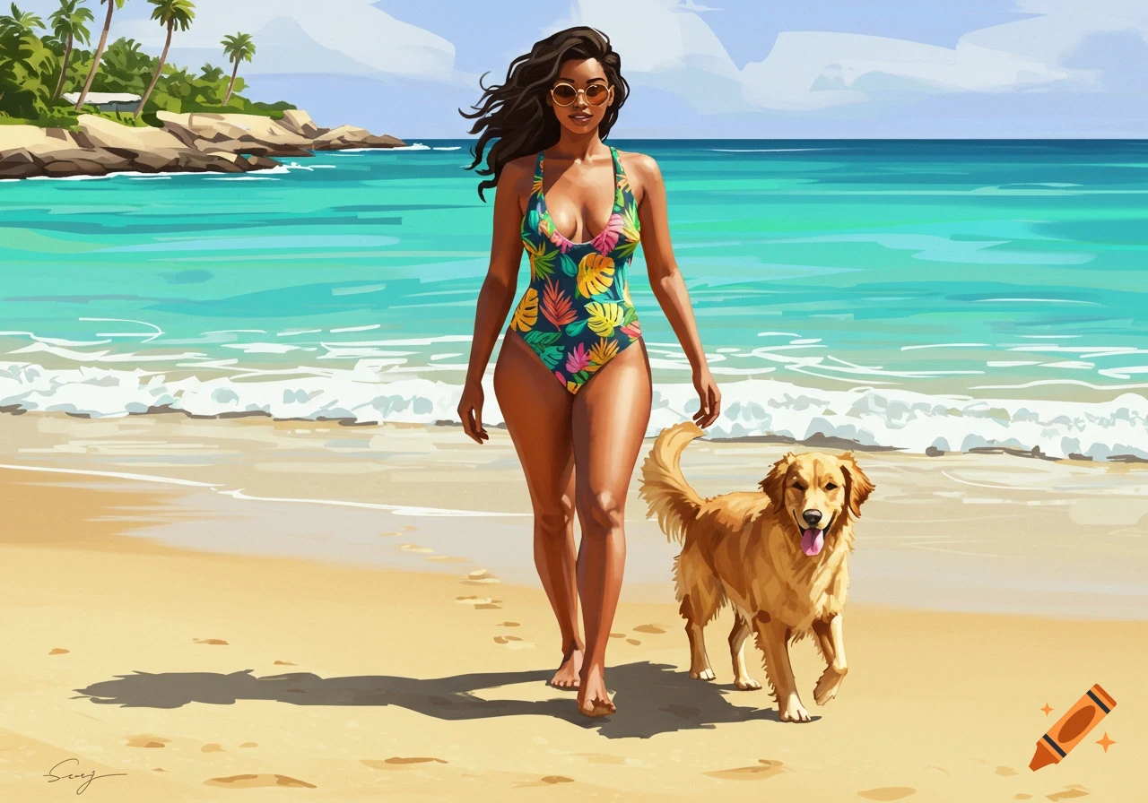 A stylized illustration of a woman in a tropical swimsuit walking a golden retriever on a sandy beach with palm trees.