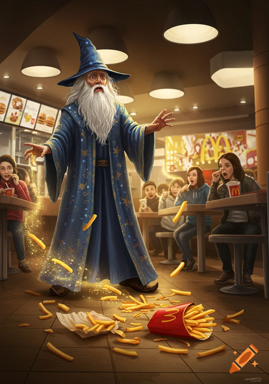 A shocked wizard in a blue robe and hat stands in a McDonald's restaurant, looking down at spilled french fries on the floor, while customers watch.