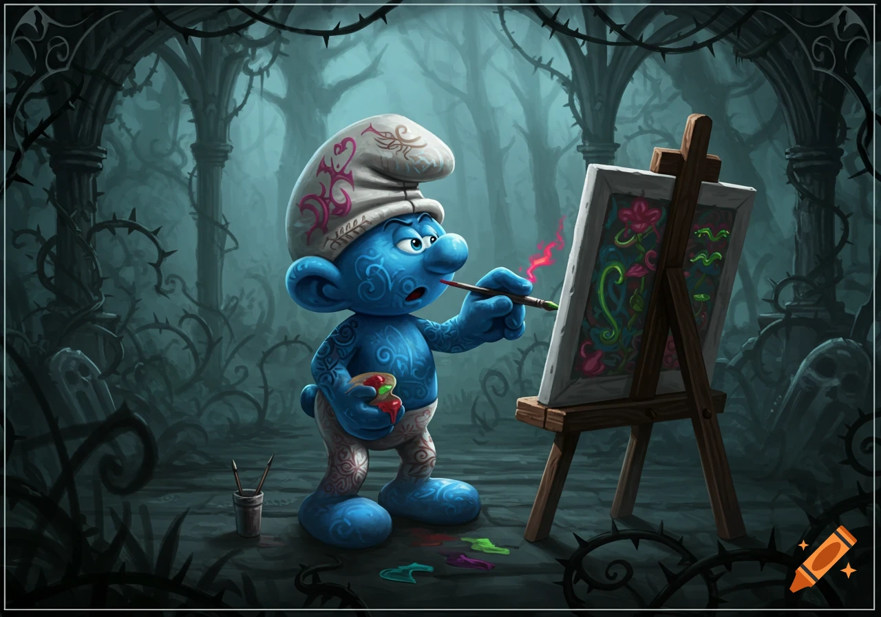 A blue Smurf covered in gothic tattoos paints a vibrant floral picture on an easel in a dark, thorny, gothic forest.