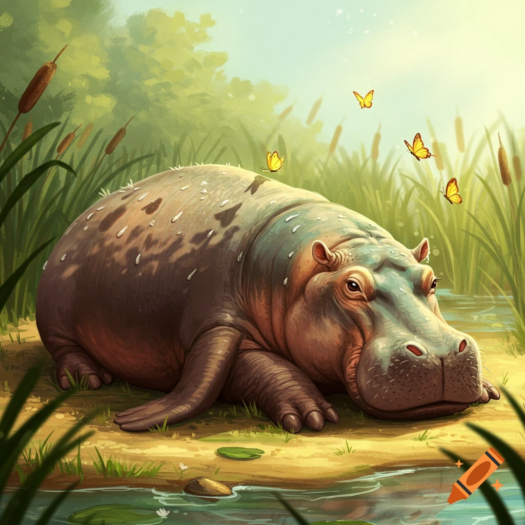 A stylized hippo lies by a pond in a grassy wetland, with yellow butterflies flying around it.