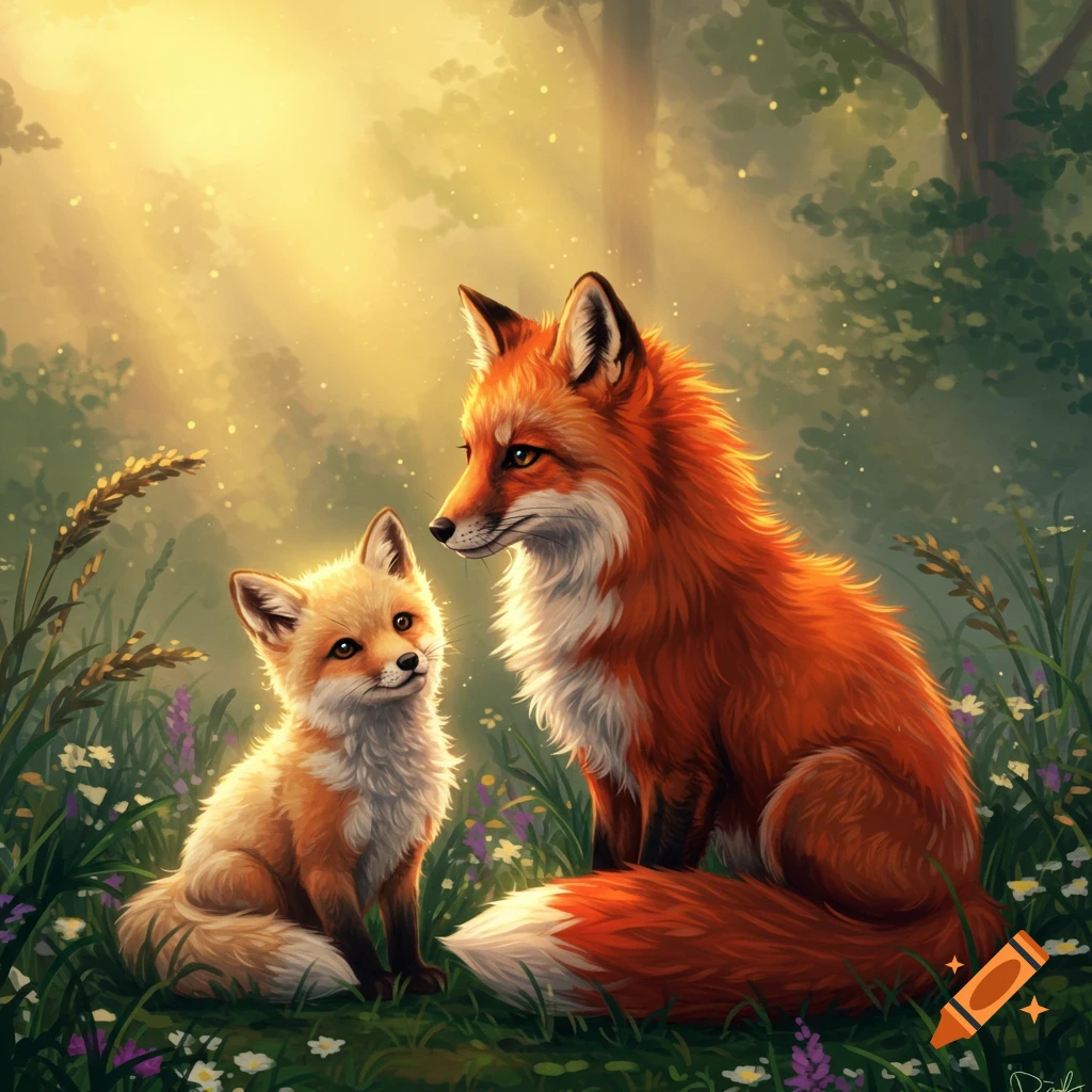 A red fox and a fox cub sit among wildflowers in a sun-dappled forest, digital art.