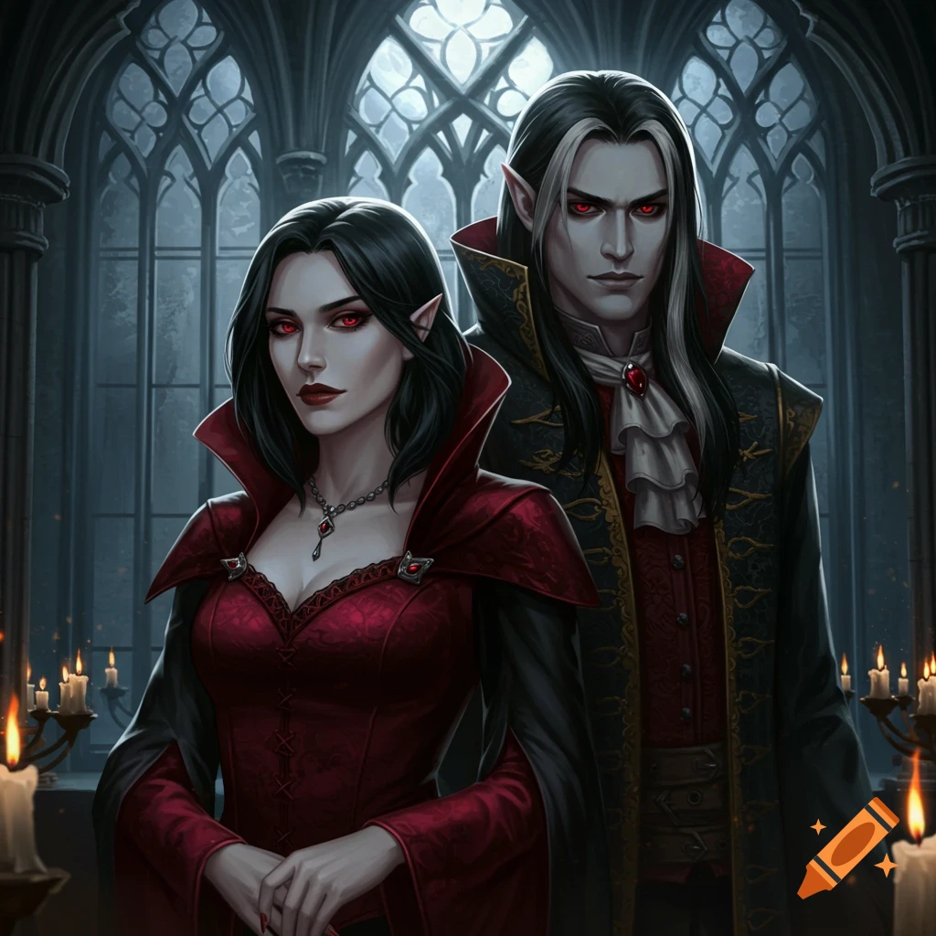 A stoic male and female vampire with red eyes and black hair, dressed in gothic attire, stand in a dark, arched windowed room.
