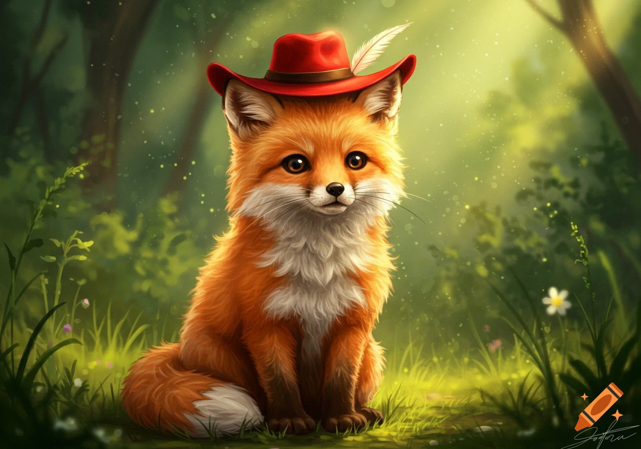 A cute orange fox wearing a red hat with a feather sits in a lush green forest with sparkling light.