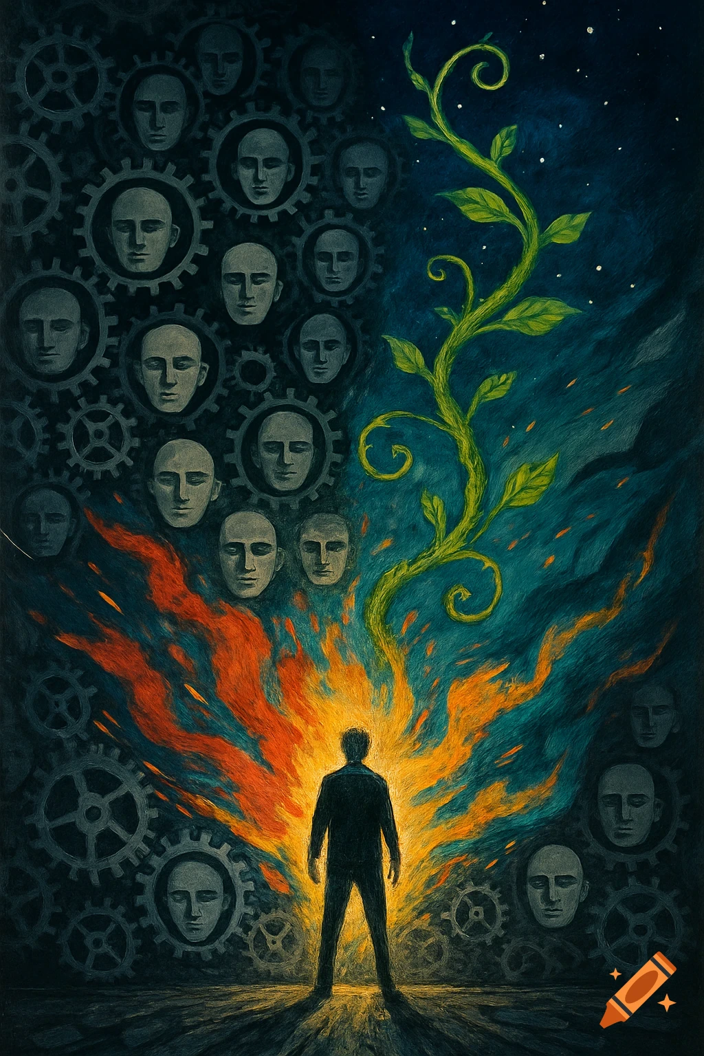 Silhouette of a man before fire, surrounded by gears with faces and a green vine, against a dark, starry sky, painterly.