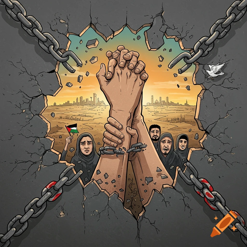Cartoon illustration of clasped hands breaking chains through a cracked wall. People with a Palestinian flag are seen behind it.