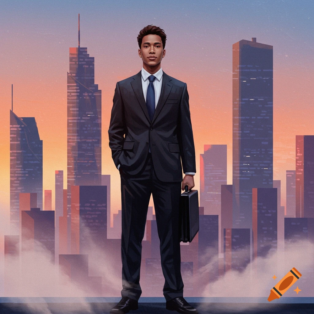 A young businessman in a dark suit holds a briefcase, standing against a stylized city skyline at sunset in an illustration.
