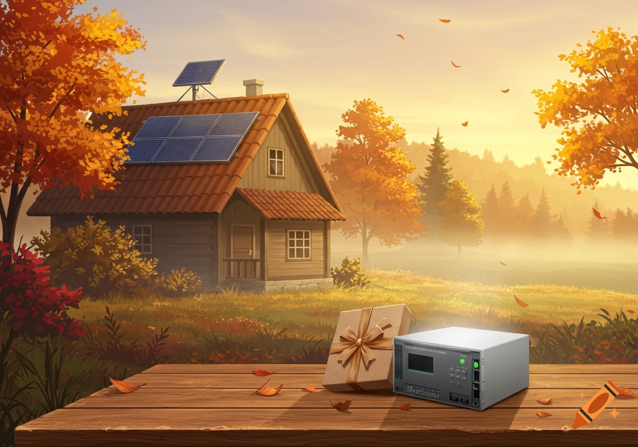 An autumnal rural landscape features a house with solar panels, a gift box, and an inverter on a wooden table in the foreground.