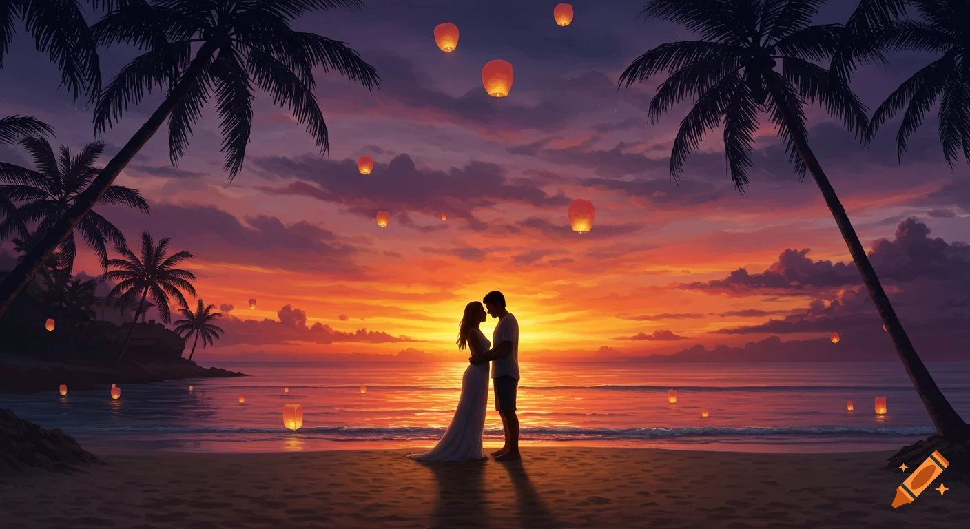 A couple embraces on a tropical beach at sunset, silhouetted against an orange and purple sky with floating lanterns and palm trees.