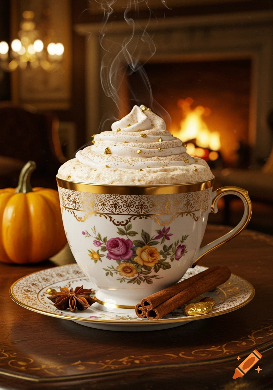 Steaming pumpkin spice latte with whipped cream, golden sprinkles, cinnamon sticks, star anise, and a small pumpkin, by a cozy fireplace.
