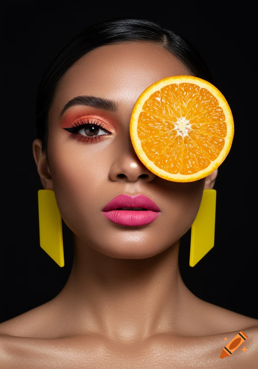 Close-up studio portrait of a woman with an orange slice covering one eye, vibrant orange eyeshadow, pink lips, and yellow geometric earrings.