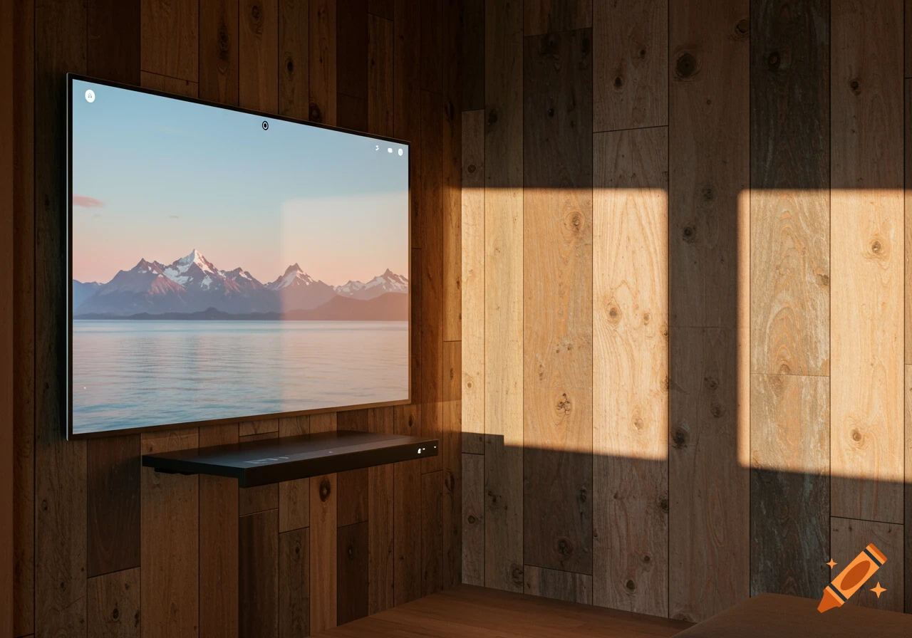 A sleek flat-screen TV displaying a mountain and lake landscape, mounted on a reclaimed wood wall in a sunlit room.