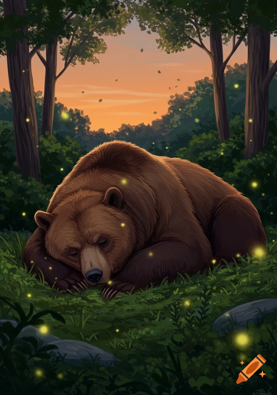 A brown mama bear sleeps peacefully in a lush green forest at sunset, with glowing fireflies surrounding her in an illustration.
