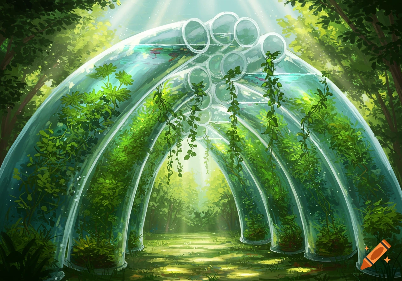 Digital art of an archway formed by transparent tubes filled with water and green plants, bathed in sunlight in a lush forest.