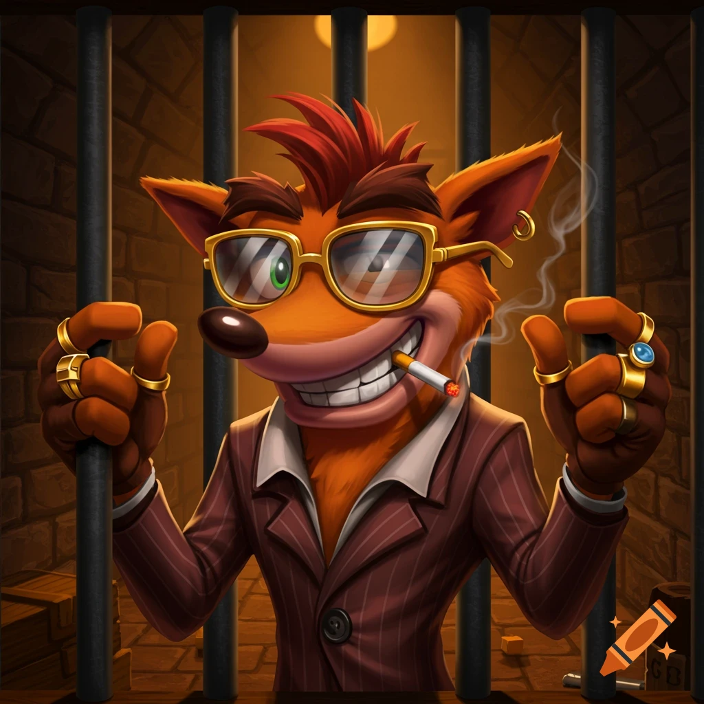 Cartoon Crash Bandicoot in a pinstripe suit, sunglasses, and cigarette, smiling in a jail cell.