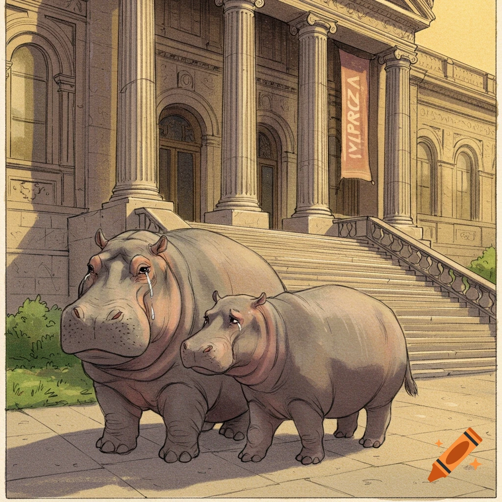 Two sad, crying hippos, one large and one small, walk away from a classical museum building in an old-timey colored pencil style.