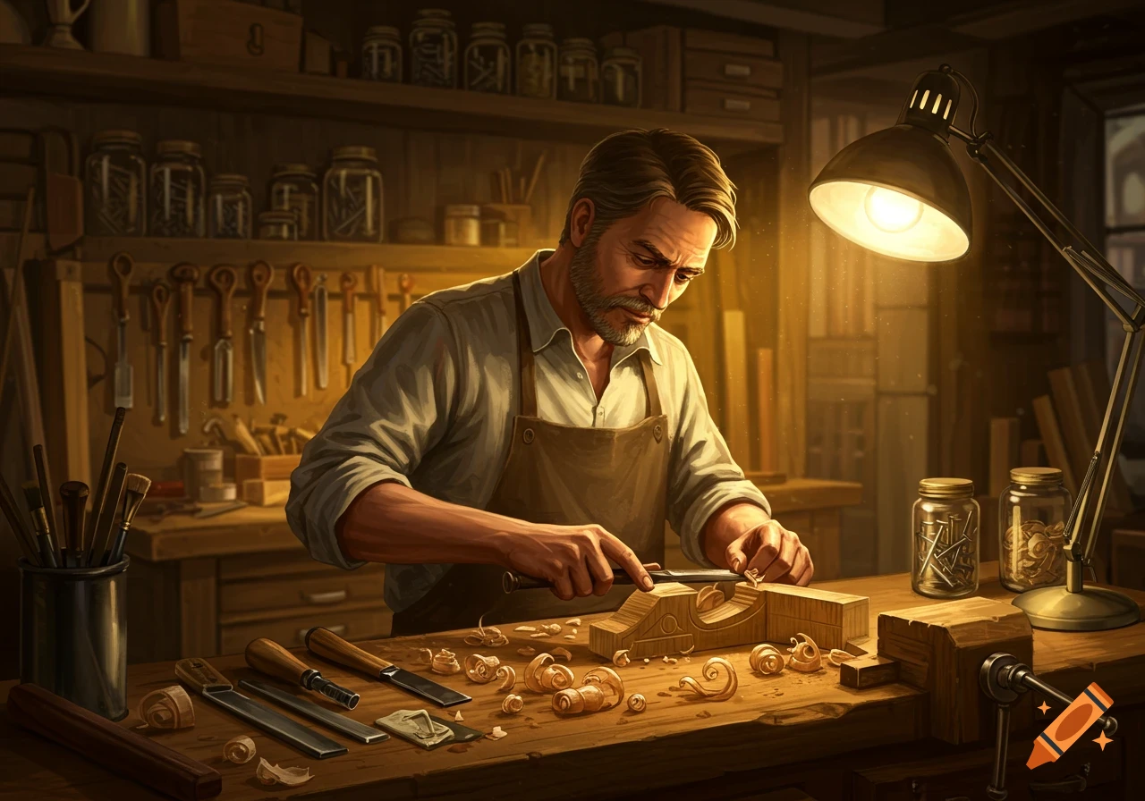 A bearded craftsman in an apron carves wood at a workbench, illuminated by a desk lamp in a detailed workshop. Realistic illustration.