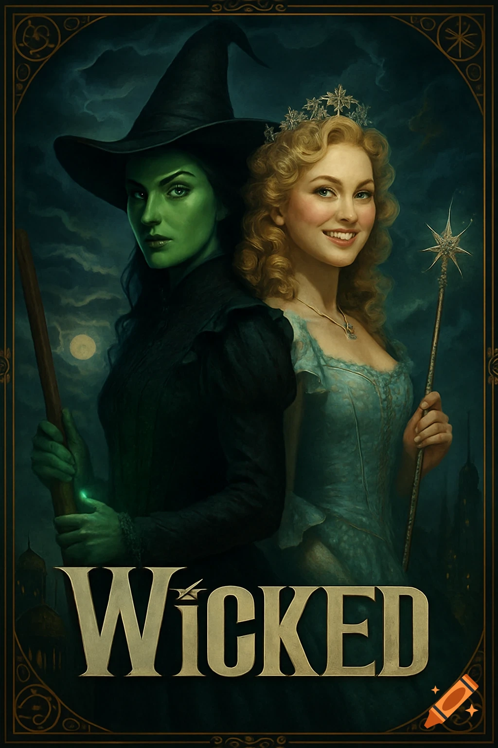 A theatrical poster featuring a green-skinned witch and a blonde good witch standing back-to-back, with "WICKED" at the bottom.