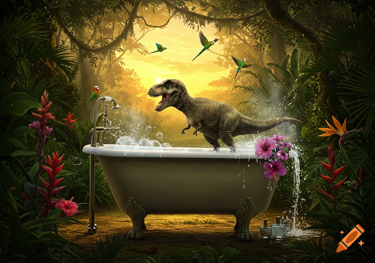 A T-Rex stands in a bubbly bathtub in a lush jungle at sunset, surrounded by colorful birds.