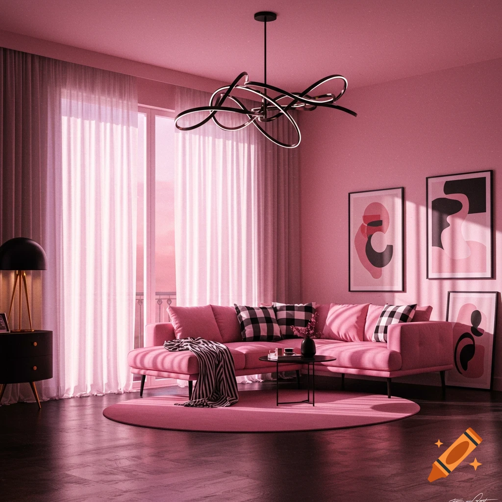 A stylish pink living room featuring a modern sofa, round rug, abstract wall art, and a unique black chandelier.