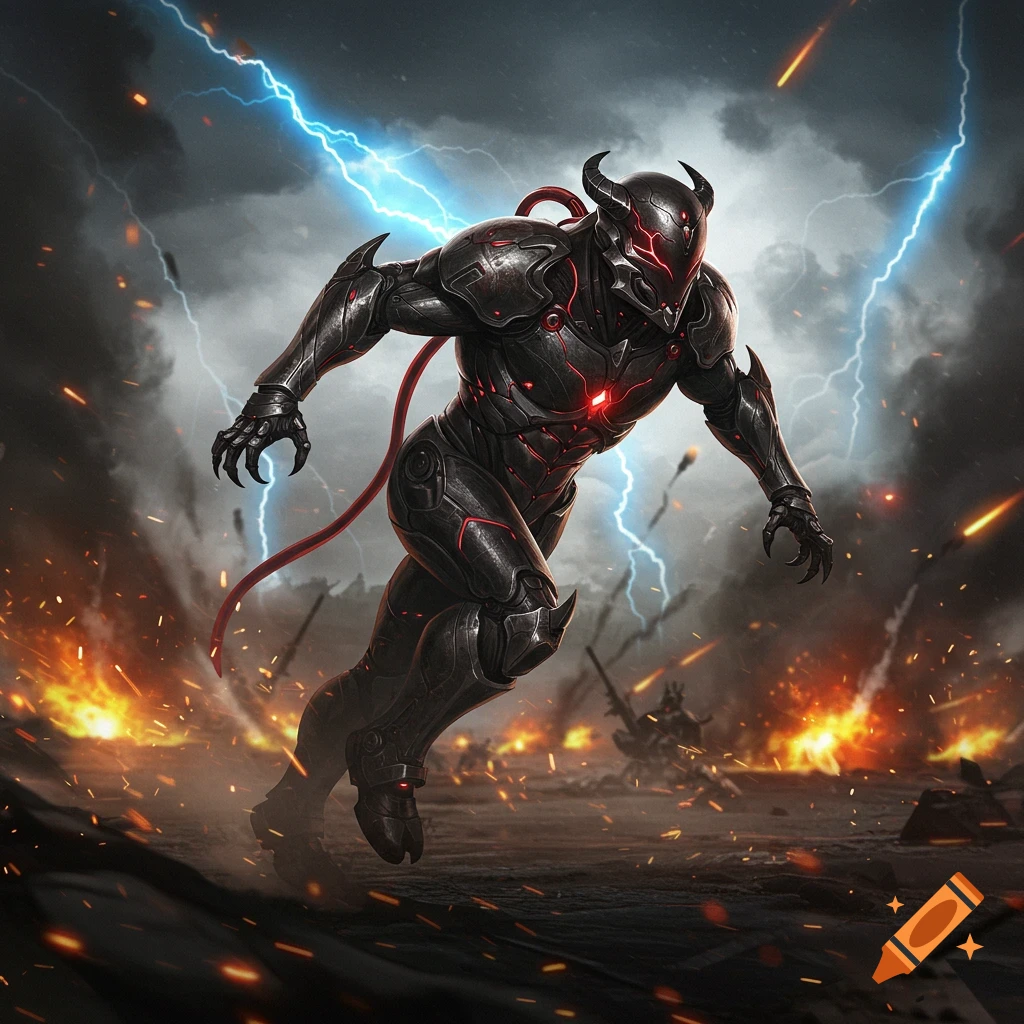 A dark, horned, armored figure with glowing red accents dashes through an explosion-filled battleground under a stormy sky with lightning.