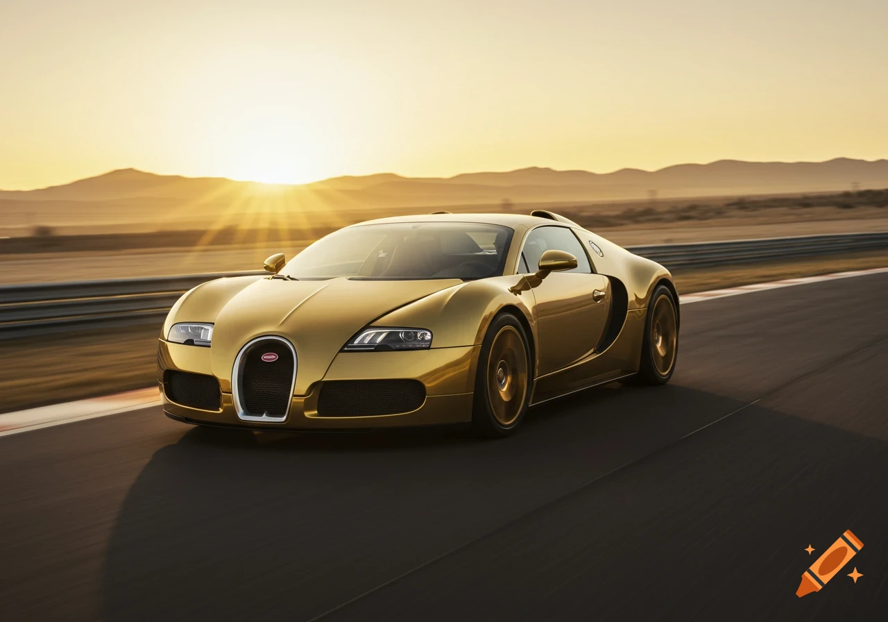 A golden Bugatti sports car drives on a race track at sunset with mountains in the background.