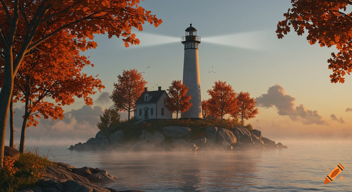 A serene, stylized autumn landscape with a white lighthouse on a rocky island, surrounded by misty water at sunset.