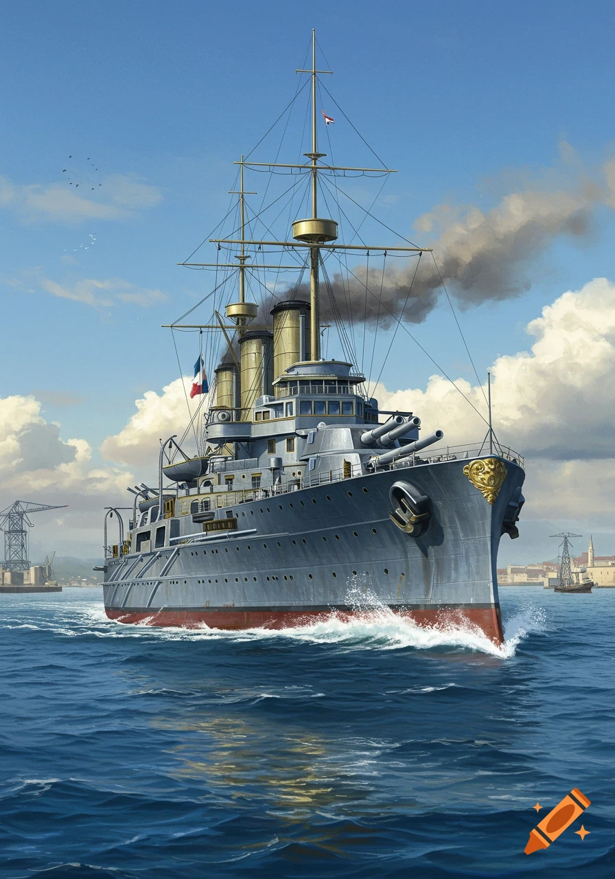 A detailed illustration of a grey French pre-dreadnought battleship sailing on blue water under a partly cloudy sky.