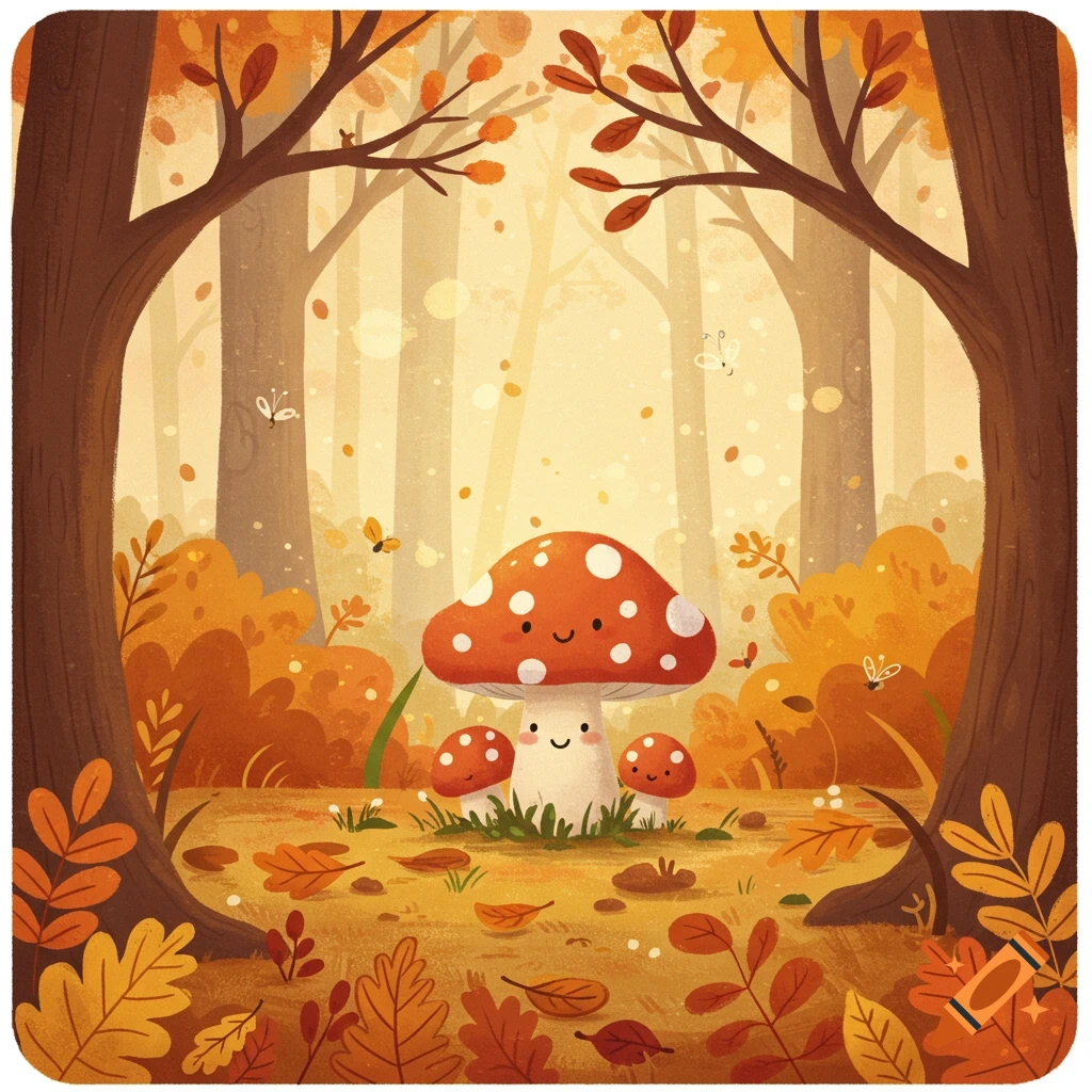 A cute cartoon mushroom family with smiling faces in a vibrant autumn forest, children's book illustration style.