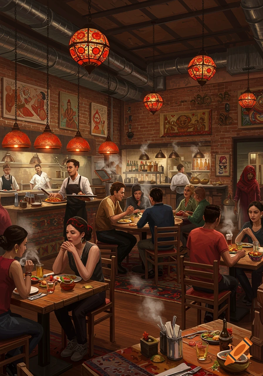 A vibrant illustration of a bustling restaurant with diners, chefs, and ornate lanterns, in a warm, inviting atmosphere.
