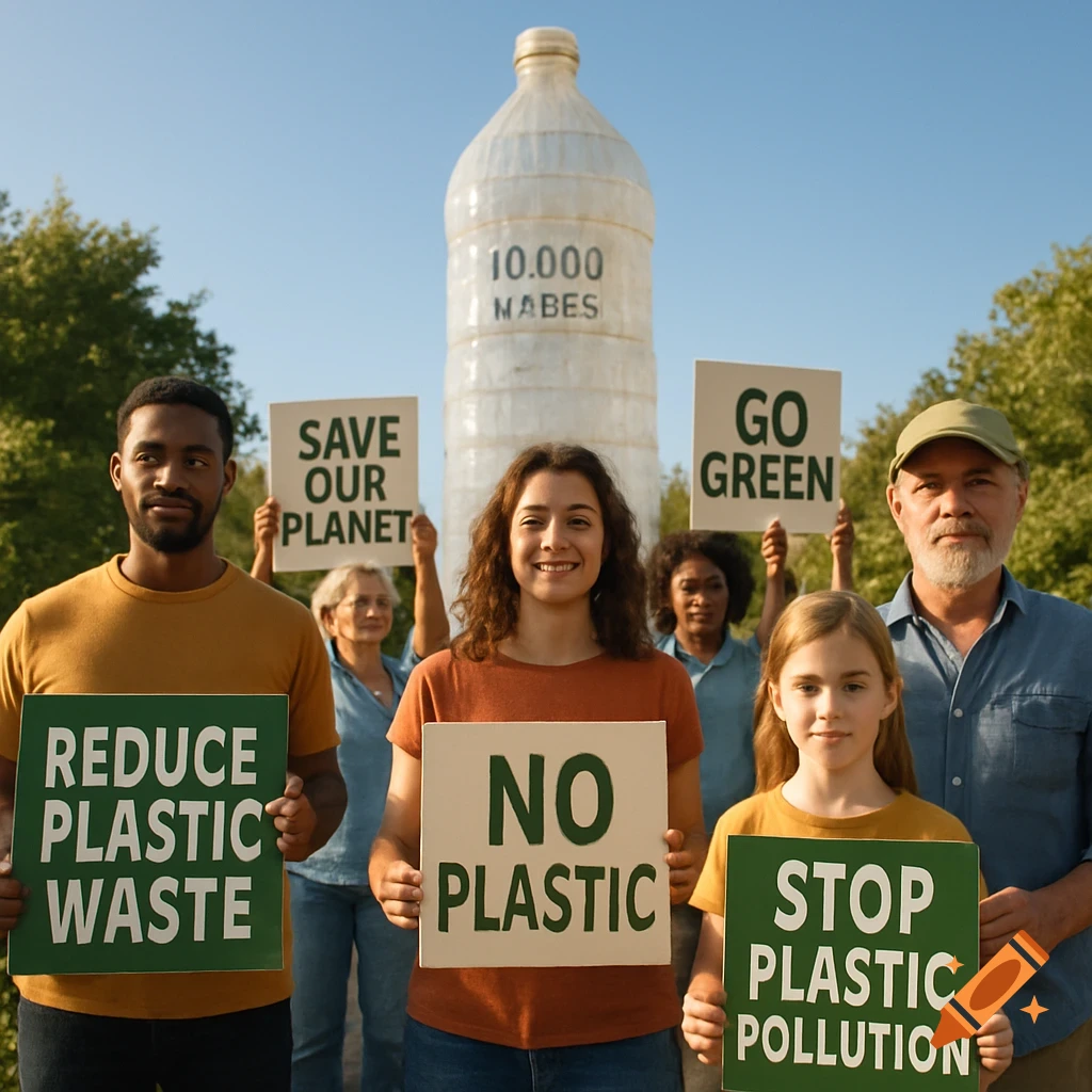 Diverse group of people holding protest signs against plastic pollution, with a giant plastic bottle sculpture in the background.
