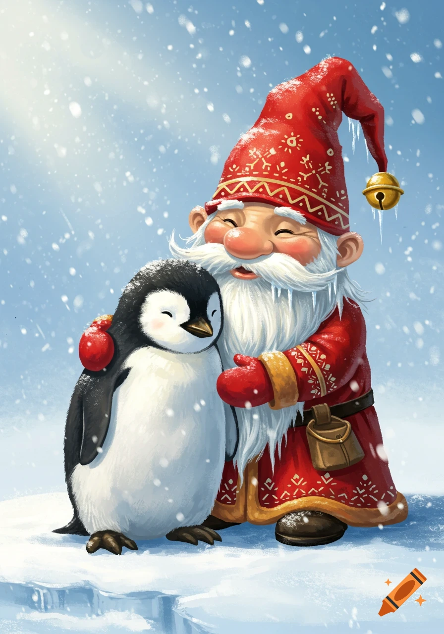 A cheerful gnome in a red hat and coat hugs a smiling penguin in a snowy winter illustration.