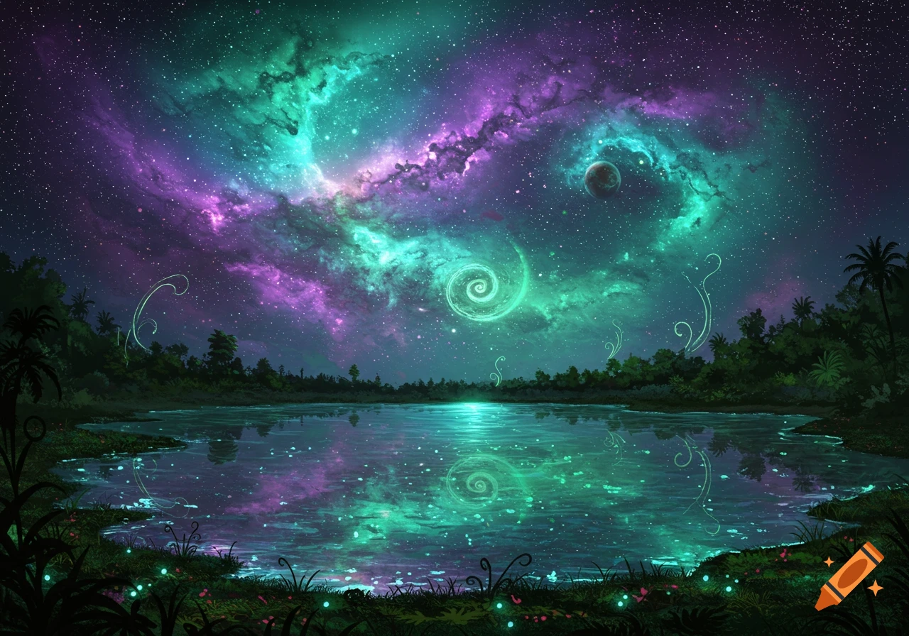 A fantastical night scene with a vibrant purple and teal nebula over a reflective lake, surrounded by dark, lush vegetation and glowing elements.